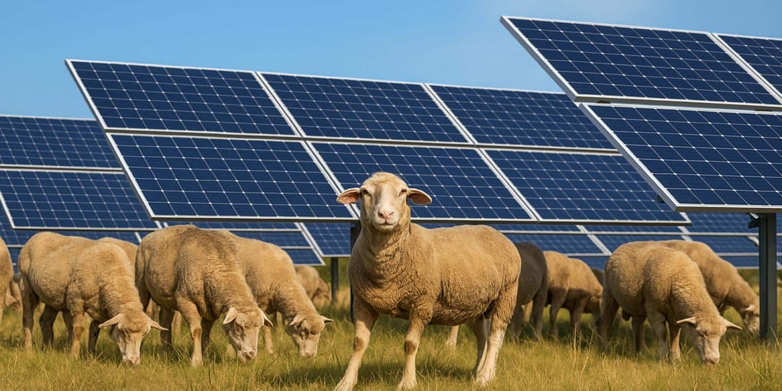 Ganadero observa una instalación de paneles solares sobre el terreno en régimen de arrendamiento solar.