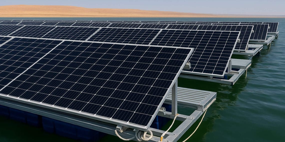 Energía solar flotante sobre embalse con paneles solares