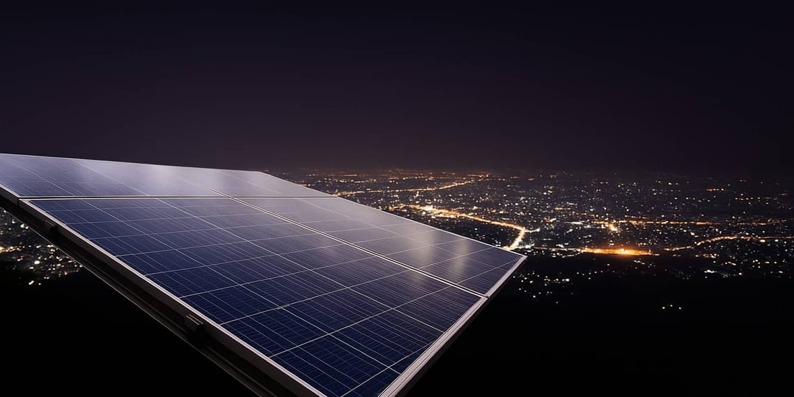 Paneles solares de noche con batería iluminando una vivienda