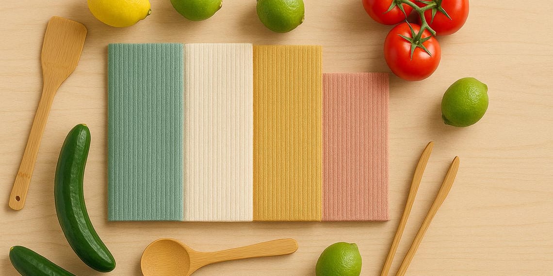 Paños de cocina suecos coloridos sobre una encimera junto a frutas y utensilios ecológicos