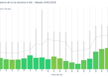 Gráfico de precios de la luz por horas para el Sábado 25 de Enero de 2025