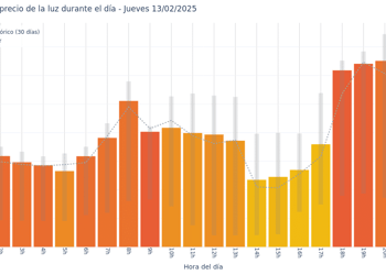 Gráfico de precios de la luz por horas para el Jueves 13 de Febrero de 2025