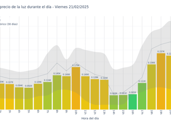 Gráfico de precios de la luz por horas para el Viernes 21 de Febrero de 2025