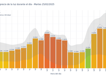 Gráfico de precios de la luz por horas para el Martes 25 de Febrero de 2025