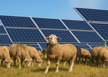 Ganadero observa una instalación de paneles solares sobre el terreno en régimen de arrendamiento solar.