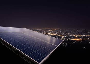 Paneles solares de noche con batería iluminando una vivienda