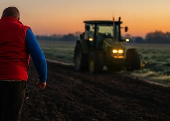 Imagen de un agricultor trabajando un campo con árboles y paneles solares al fondo