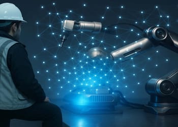 Ilustración digital de una ciudad inteligente con placas solares, turbinas eólicas e inteligencia artificial gestionando la energía