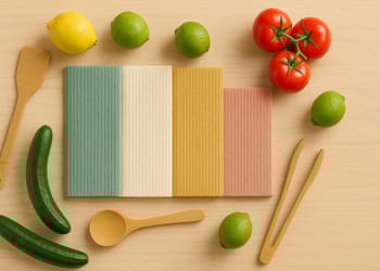 Paños de cocina suecos coloridos sobre una encimera junto a frutas y utensilios ecológicos