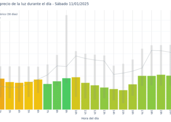 Gráfico de precios de la luz por horas para el Sábado 11 de Enero de 2025
