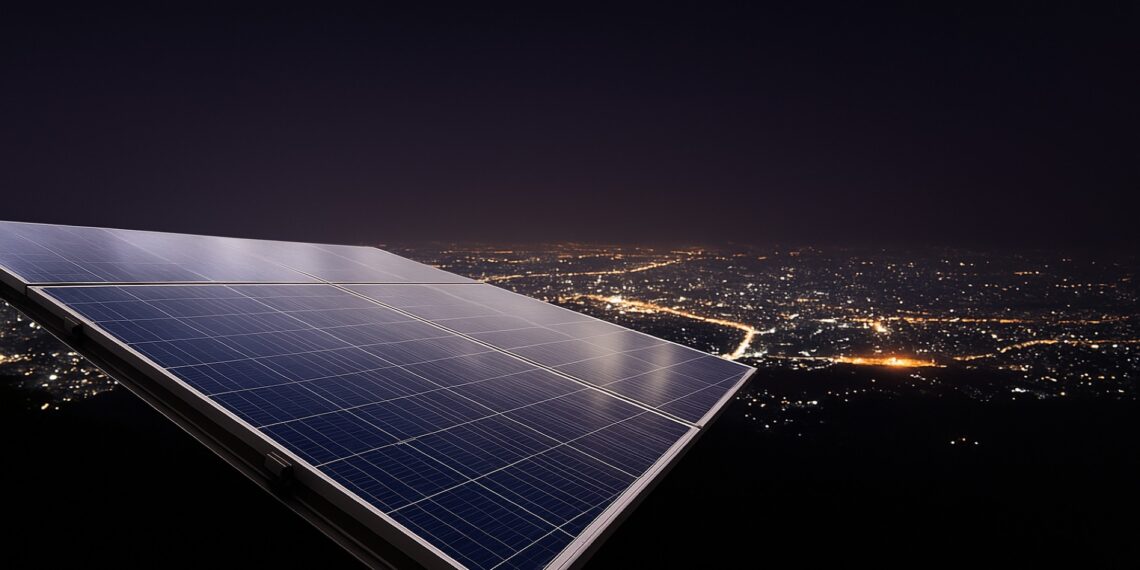 Paneles solares de noche con batería iluminando una vivienda