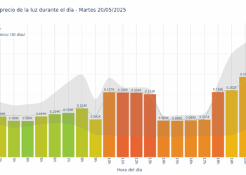 Gráfico de precios de la luz por horas para el Martes 20 de Mayo de 2025