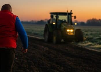 Imagen de un agricultor trabajando un campo con árboles y paneles solares al fondo