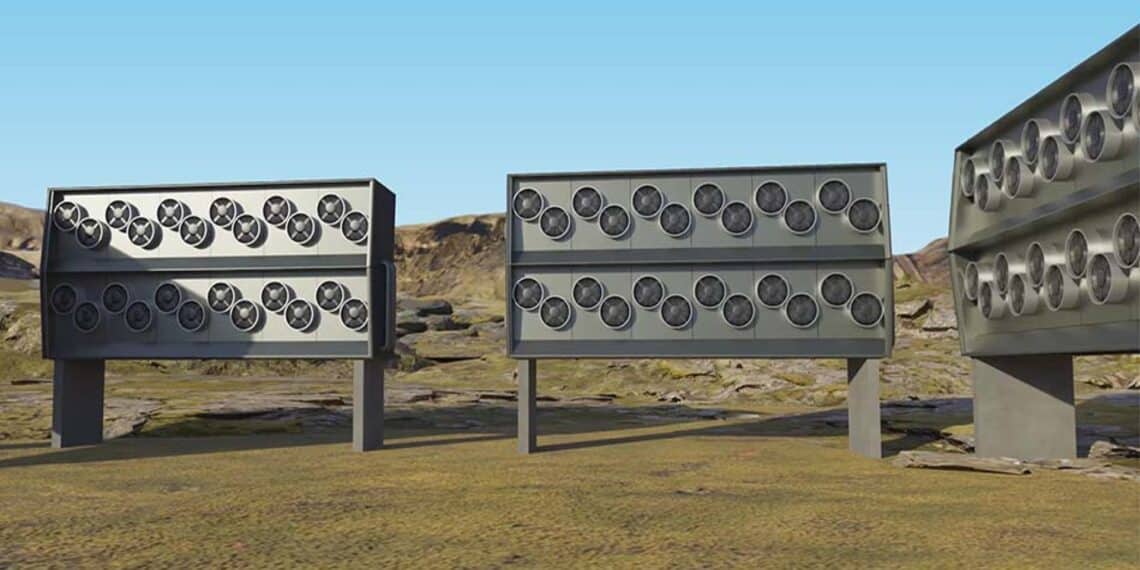 Planta de captura directa de CO2 del aire con ventiladores y torres de absorción