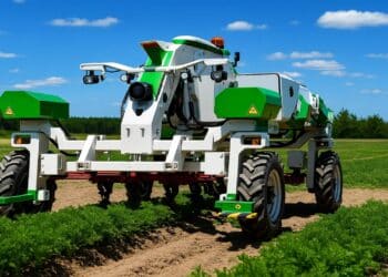 Robot agrícola con forma de ciempiés recorriendo un campo de cultivo sin dañarlo