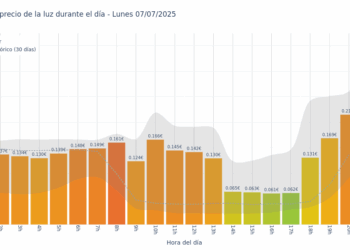 Gráfico de precios de la luz por horas para el Lunes 7 de Julio de 2025