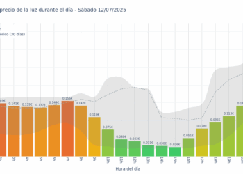 Gráfico de precios de la luz por horas para el Sábado 12 de Julio de 2025