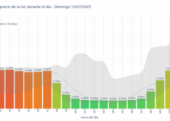 Gráfico de precios de la luz por horas para el Domingo 13 de Julio de 2025