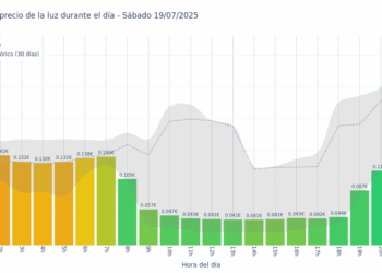 Gráfico de precios de la luz por horas para el Sábado 19 de Julio de 2025