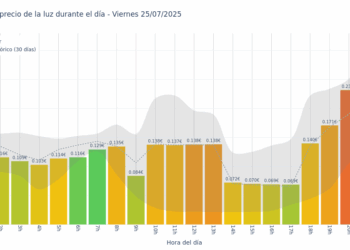 Gráfico de precios de la luz por horas para el Viernes 25 de Julio de 2025