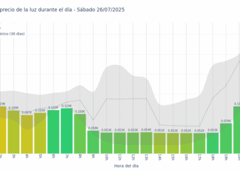 Gráfico de precios de la luz por horas para el Sábado 26 de Julio de 2025