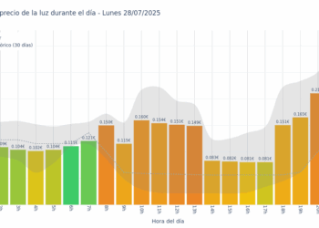 Gráfico de precios de la luz por horas para el Lunes 28 de Julio de 2025