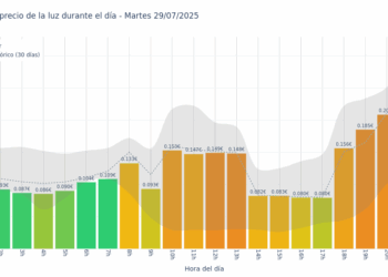 Gráfico de precios de la luz por horas para el Martes 29 de Julio de 2025