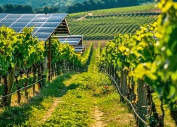 campo de lechugas bajo paneles solares elevados