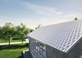 Tejado con tejas solares termoeléctricas integradas y ventilación trasera