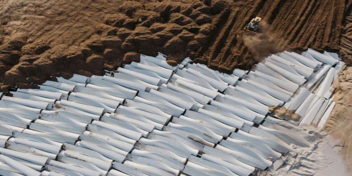 Palas eólicas retiradas apiladas para su reciclaje en una planta industrial