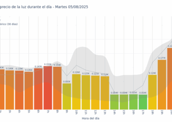 Gráfico de precios de la luz por horas para el Martes 5 de Agosto de 2025