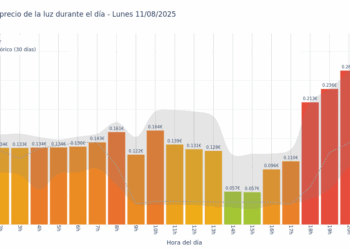 Gráfico de precios de la luz por horas para el Lunes 11 de Agosto de 2025