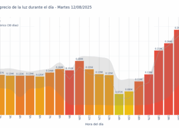 Gráfico de precios de la luz por horas para el Martes 12 de Agosto de 2025