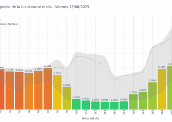 Gráfico de precios de la luz por horas para el Viernes 15 de Agosto de 2025