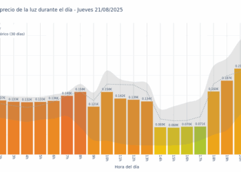 Gráfico de precios de la luz por horas para el Jueves 21 de Agosto de 2025