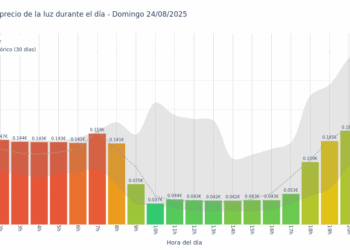 Gráfico de precios de la luz por horas para el Domingo 24 de Agosto de 2025