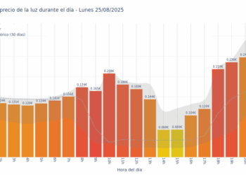 Gráfico de precios de la luz por horas para el Lunes 25 de Agosto de 2025