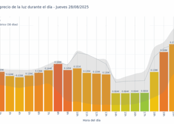 Gráfico de precios de la luz por horas para el Jueves 28 de Agosto de 2025