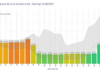 Gráfico de precios de la luz por horas para el Domingo 31 de Agosto de 2025