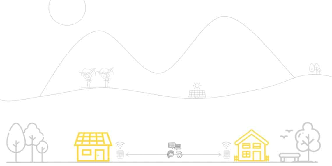 Vecinos intercambiando energía con IA en mercado P2P local, gráfico de flujos.