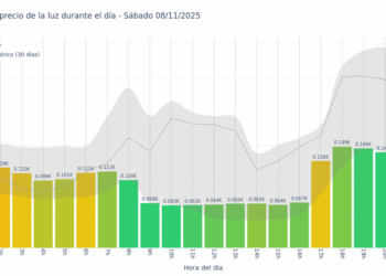 Gráfico de precios de la luz por horas para el Sábado 8 de Noviembre de 2025