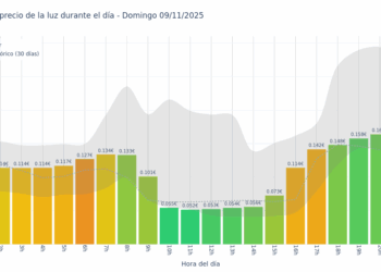 Gráfico de precios de la luz por horas para el Domingo 9 de Noviembre de 2025