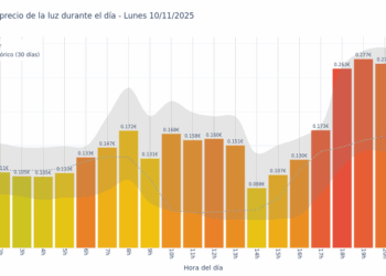 Gráfico de precios de la luz por horas para el Lunes 10 de Noviembre de 2025