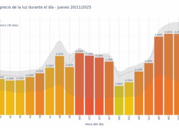 Gráfico de precios de la luz por horas para el Jueves 20 de Noviembre de 2025