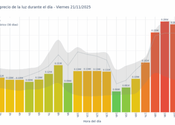 Gráfico de precios de la luz por horas para el Viernes 21 de Noviembre de 2025