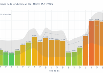 Gráfico de precios de la luz por horas para el Martes 25 de Noviembre de 2025