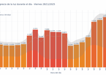 Gráfico de precios de la luz por horas para el Viernes 28 de Noviembre de 2025