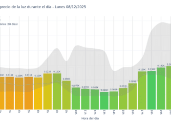 Gráfico de precios de la luz por horas para el Lunes 8 de Diciembre de 2025