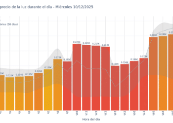 Gráfico de precios de la luz por horas para el Miércoles 10 de Diciembre de 2025