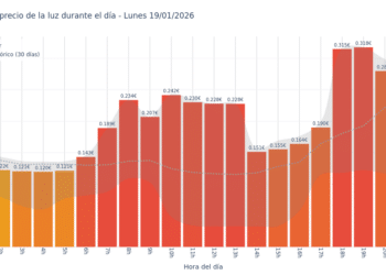 Gráfico de precios de la luz por horas para el Lunes 19 de Enero de 2026